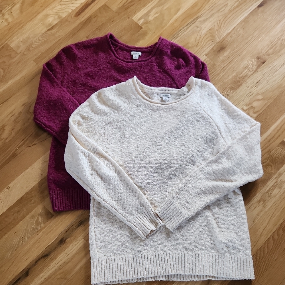 LL Bean Women's Cozy Sweater Set - Cream and Hot Pink